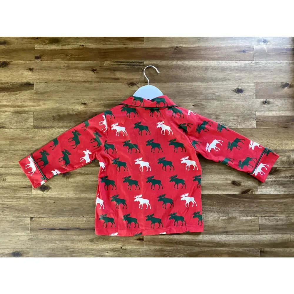 Hatley Holiday Button Down Red Green Moose Long Sleeve Pants Pajama Set 3